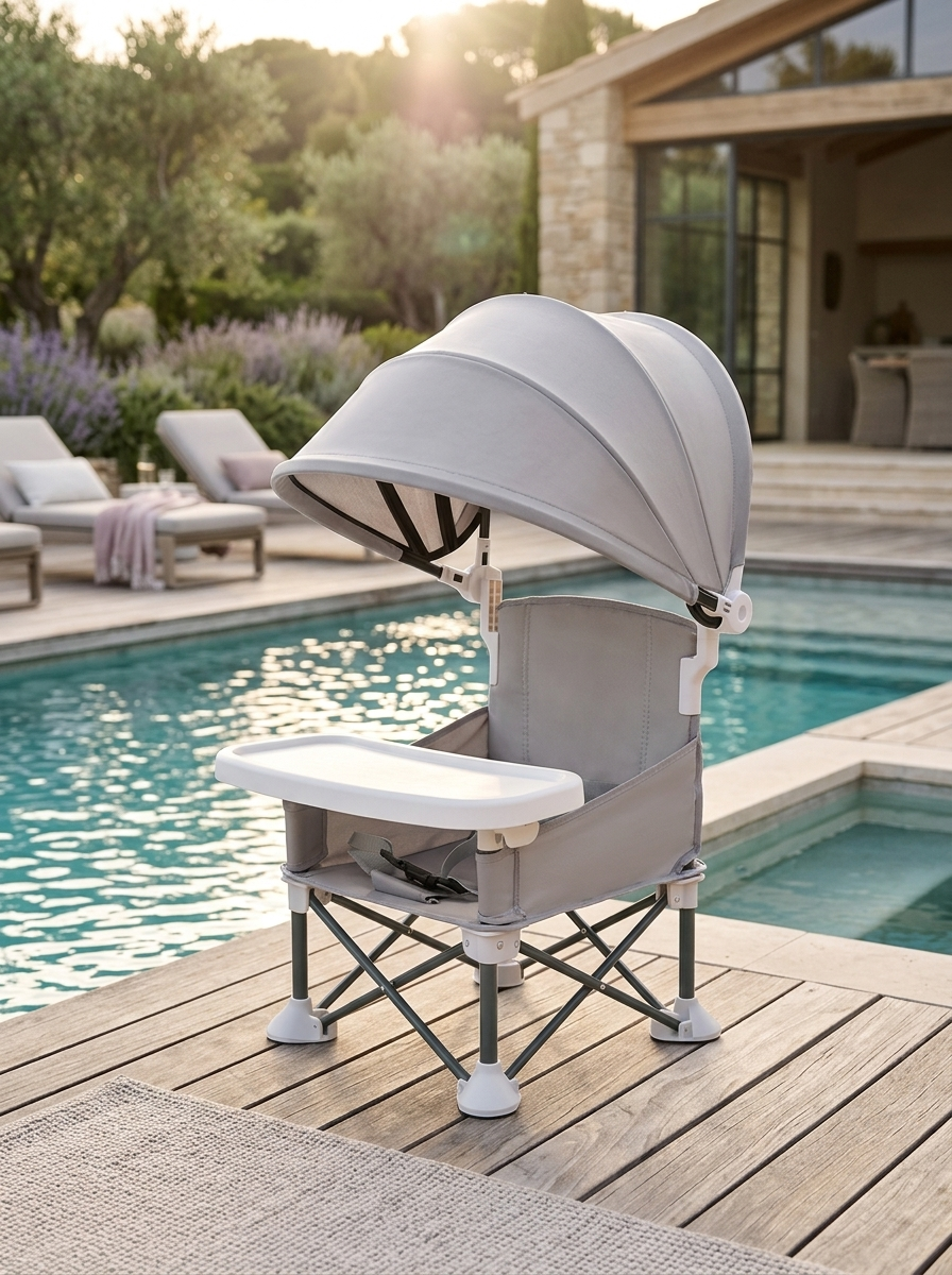 Silla portátil para bebé con techito y bandeja junto a una piscina